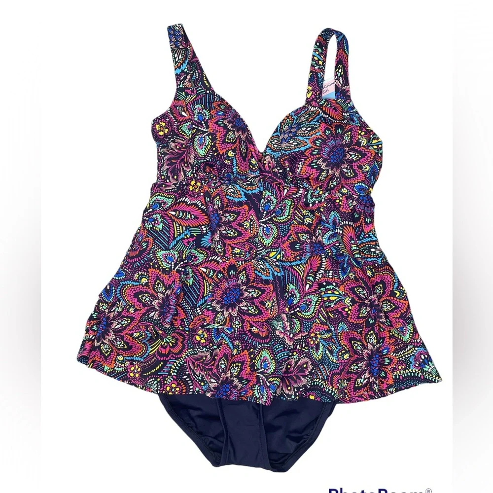 Swim Solutions NAVY MULTI Printed Tummy-Control Tiered One-Piece Swimsuit - Picture 5 of 6